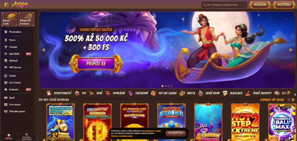 Úvodní stránka kasina Alawin s fantasy bannerem zobrazujícím dvojici na létajícím koberci, uvítacím bonusem 300% a nabídkou hracích automatů.