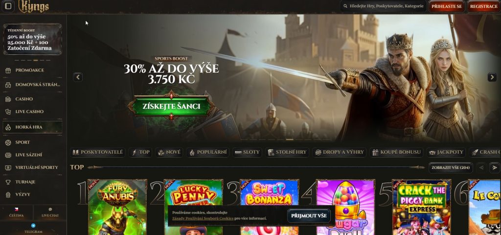 Úvodní stránka kasina Kyngs s fantasy bannerem, na kterém jsou korunovaný válečník a královna, nabídkou 30% bonusu a přehledem hracích automatů.