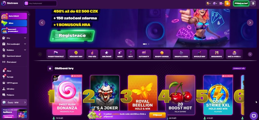 Úvodní stránka kasina Slotrave ve fialovém designu s nabídkou 450% bonusu, zatočení zdarma, tlačítkem Registrace a přehledem oblíbených her.