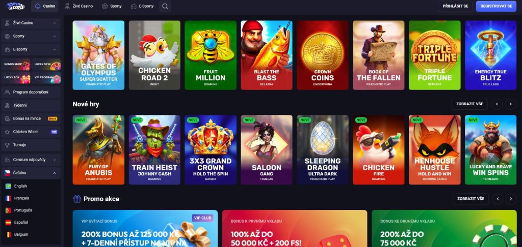 Rozhraní kasina SpinAura s řadami nových a oblíbených automatů, levým navigačním menu a barevnými promo nabídkami.