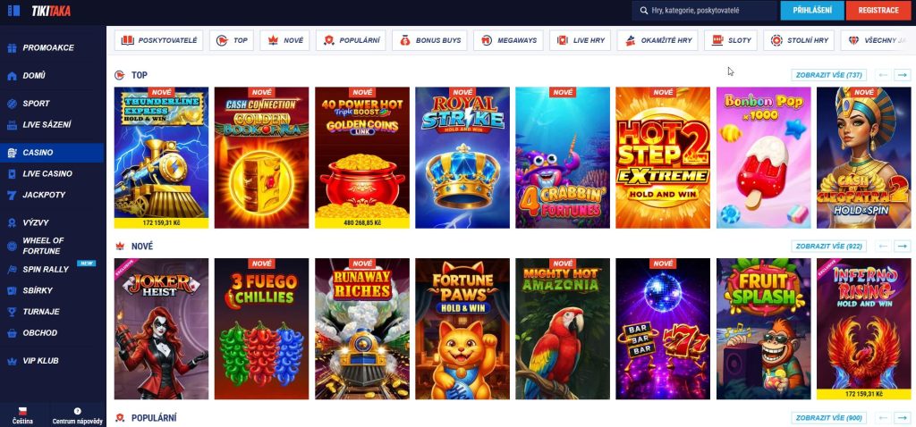 Rozhraní kasina Tikitaka s modrým levým menu a přehledem automatů uspořádaných do řad Top, Nové a Populární.